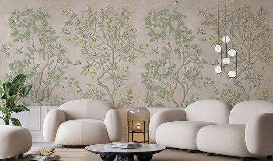 Elegant Botanical Garden Chinoiserie Wallpaper, Floral Wallpaper, Romantic Flowers Mural, Peel and Stick Wallpaper, Bloom Drawing Wallpaper