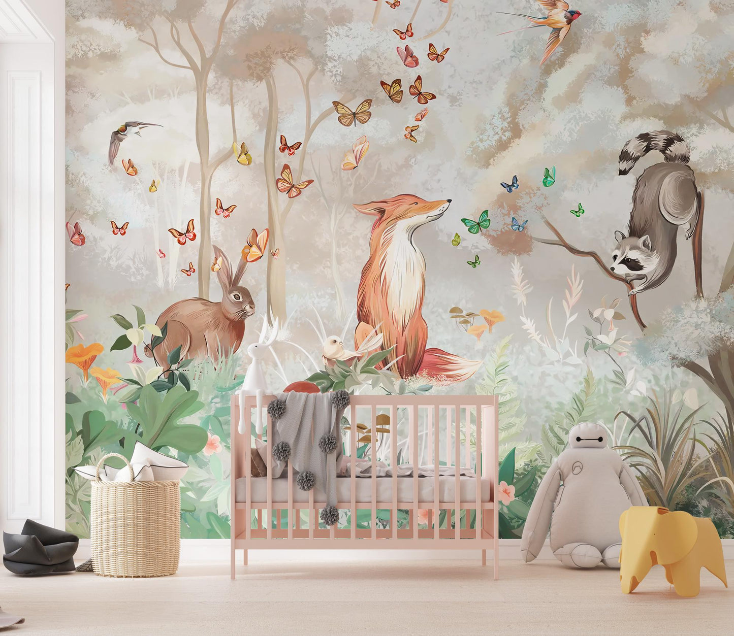 Red Fox and Forest Animals Wallpaper, Animals for Kidsroom, Children and Baby Wallpaper, Painting Wallpaper Nursery, Drawing Kids Wallpaper