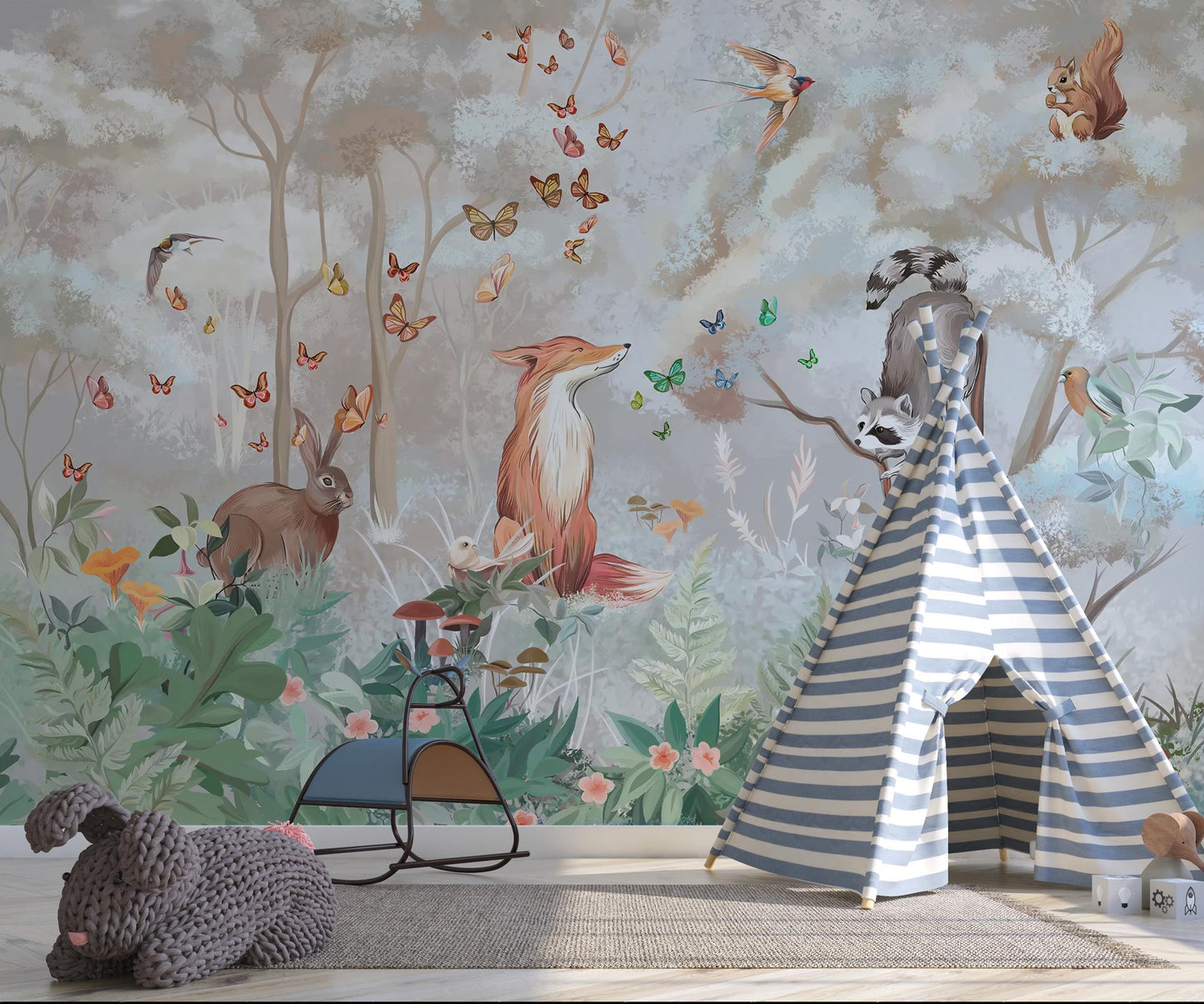 Red Fox and Forest Animals Wallpaper, Animals for Kidsroom, Children and Baby Wallpaper, Painting Wallpaper Nursery, Drawing Kids Wallpaper