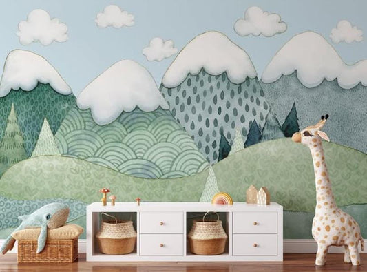 Illustration Mountain 3D Kids Wallpaper, Green Wall Poster, Drawwing Child Wallpaper, Funny Baby Wallpaper, Colourful Watercolor Nursery