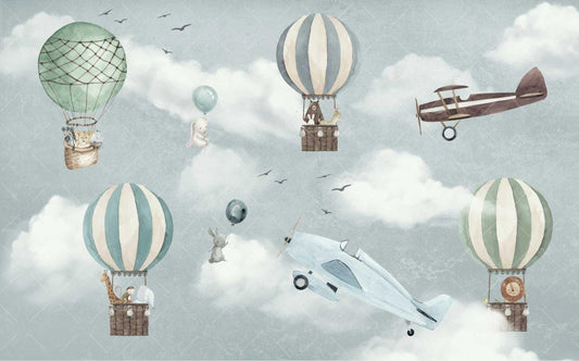 Animals Flying in Balloons Wallpaper, Sky Wallpaper For Kidsroom, Cute Animals Wallpaper Nursery, Blue Kids Wallpaper, Clouds Baby Wallpaper