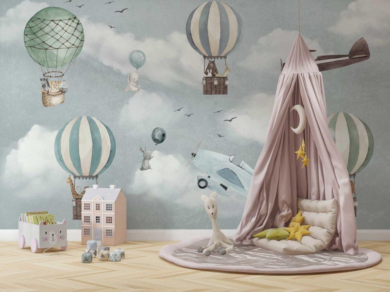 Animals Flying in Balloons Wallpaper, Sky Wallpaper For Kidsroom, Cute Animals Wallpaper Nursery, Blue Kids Wallpaper, Clouds Baby Wallpaper