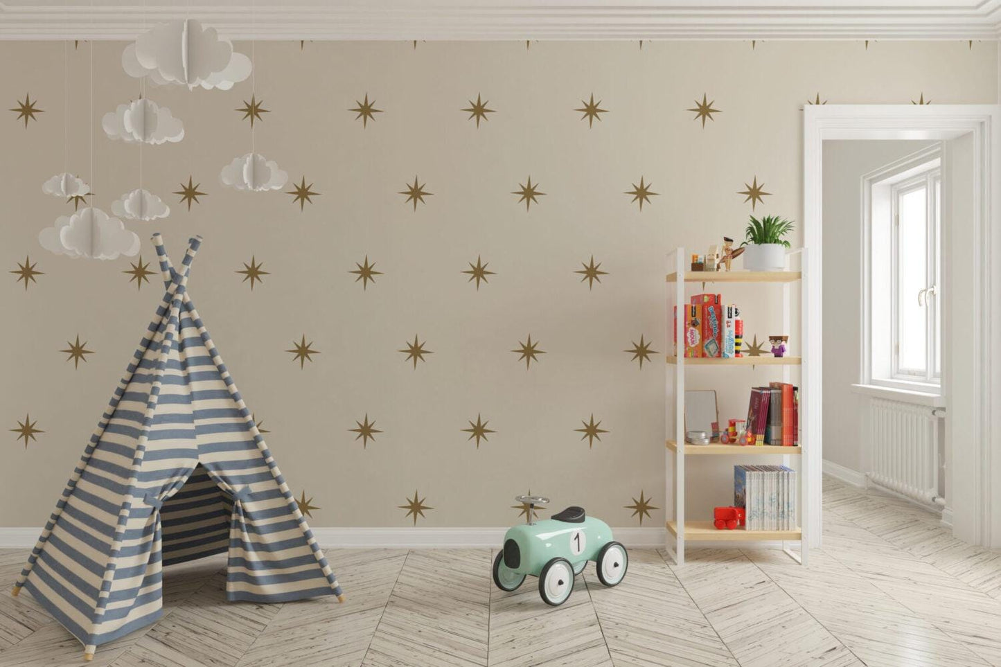 Star Pattern Wallpaper with Beige Background For Kidsroom, Wallpaper Nursery, Child Wallpaper, Sky Baby Wallpaper, Bright Kids Wallpaper