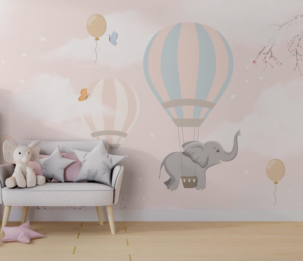 Elephant Flying with Balloons Pink Clouds Wallpaper, Sky Wallpaper For Kidsroom, Cute Animals Wallpaper Nursery, Pink Clouds Baby Wallpaper