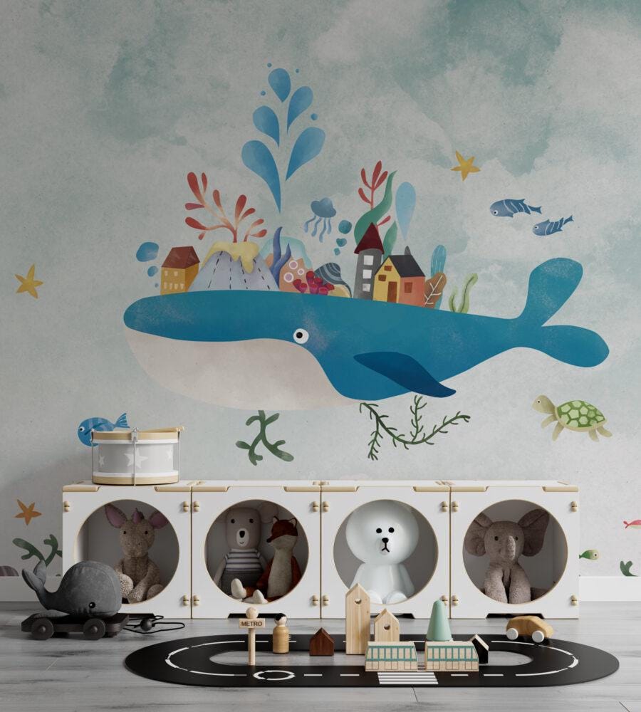 Houses on a Whale Wallpaper for Kidsroom, Underwater Kid Wallpaper, Sea Wallpaper Nursery, Blue Peel and Stick Childrens Wallpaper