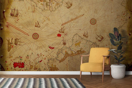 Ottoman Wallpaper, Piri Reis Map Wallpaper, Ancient Bohemian Wallpaper, Peel and Stick Historical Wallpaper, Nostalgic Drawwing Wallpaper
