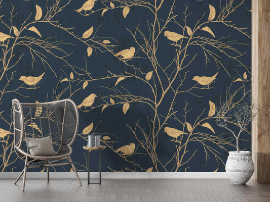 Yellow Birds Chinese Pattern Wallpaper, Nature Illustration Wallpaper, Botany Mural, Peel and Stick Wallpaper, Stylish Room Design