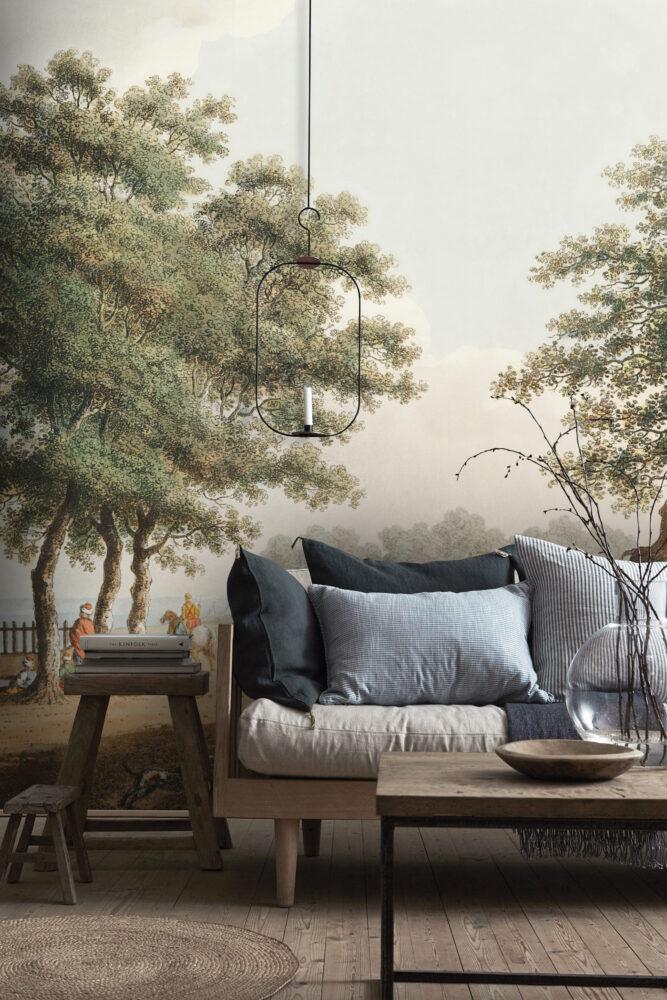 Soft Tone City Drawing Wallpaper with Distressed Texture, Bohemian Wallpaper, Ancient Building Pattern Wallpaper, Nature Nostalgic Wallpaper