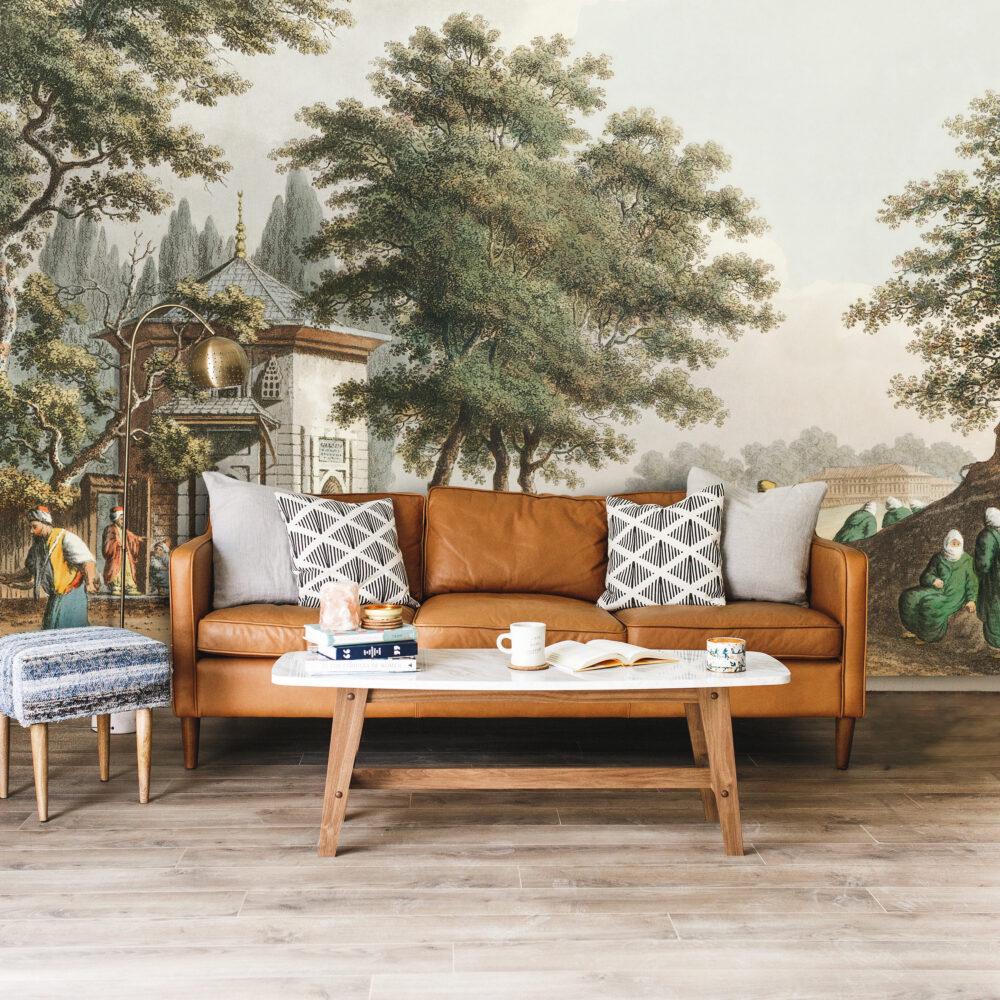 Soft Tone City Drawing Wallpaper with Distressed Texture, Bohemian Wallpaper, Ancient Building Pattern Wallpaper, Nature Nostalgic Wallpaper