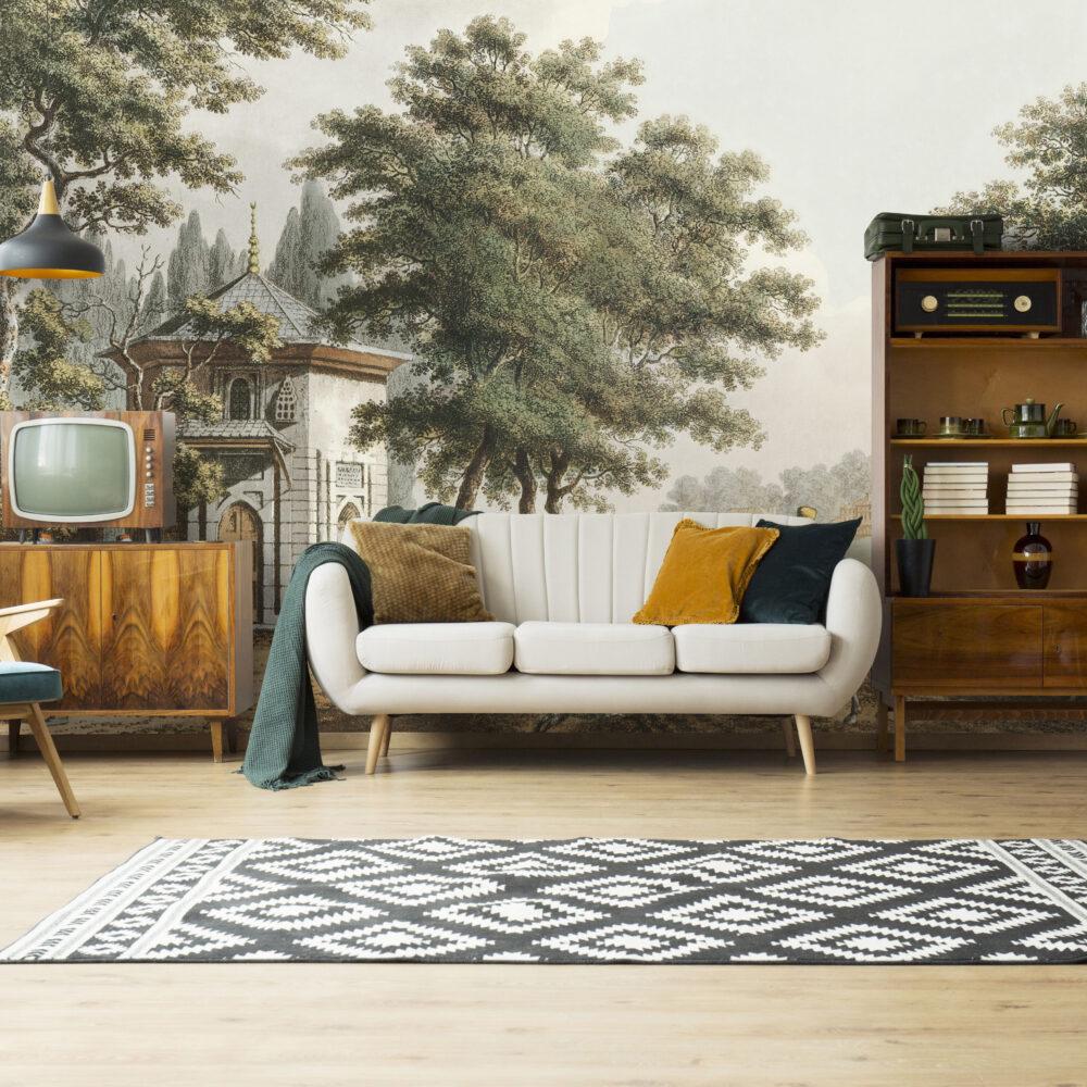 Soft Tone City Drawing Wallpaper with Distressed Texture, Bohemian Wallpaper, Ancient Building Pattern Wallpaper, Nature Nostalgic Wallpaper