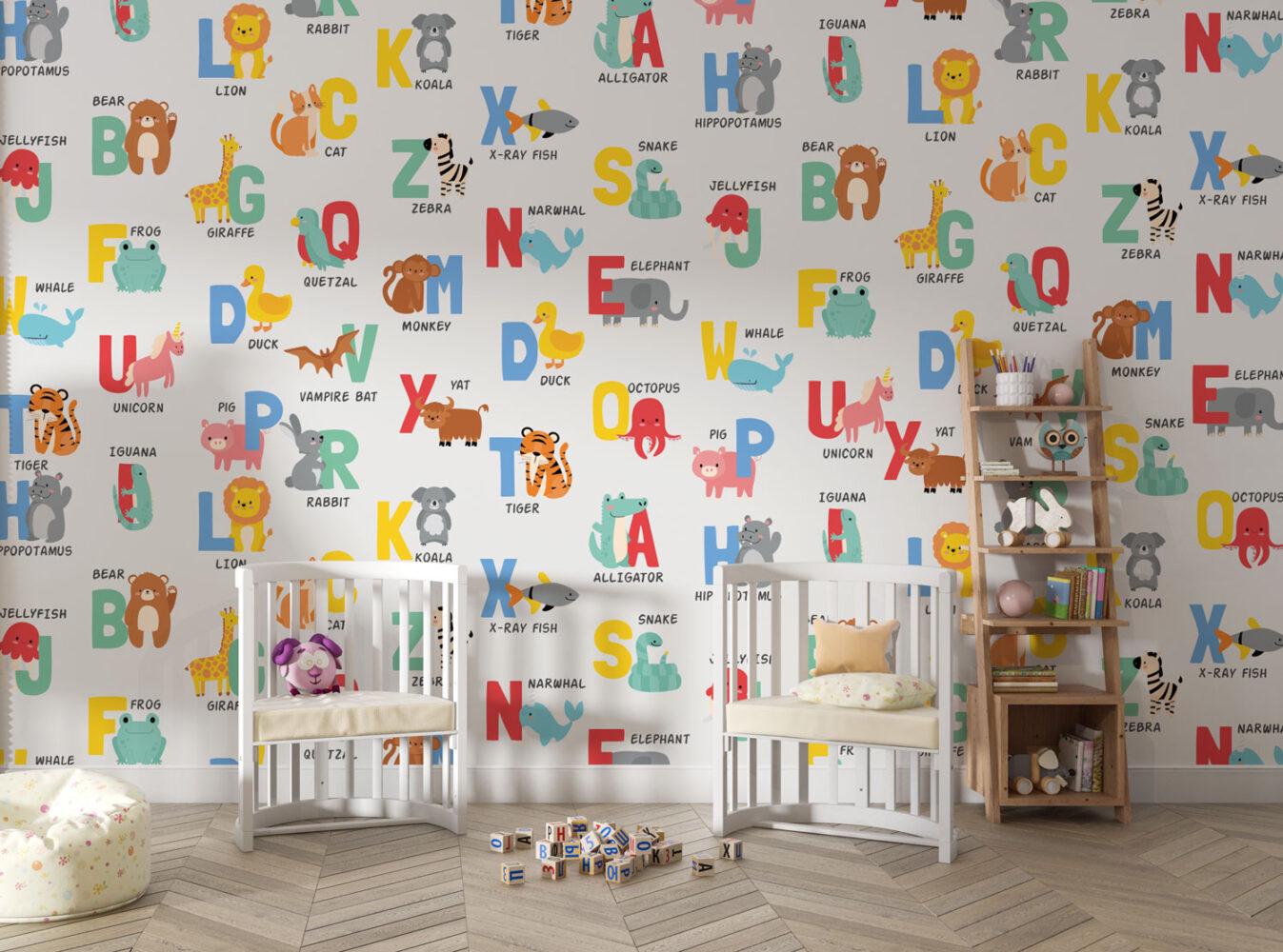 Alphabet and Letters with Cute Animals Kids Wallpaper, Learning to Read Wallpaper For Kidsroom, Animals Wallpaper Nursery, Baby Wallpaper