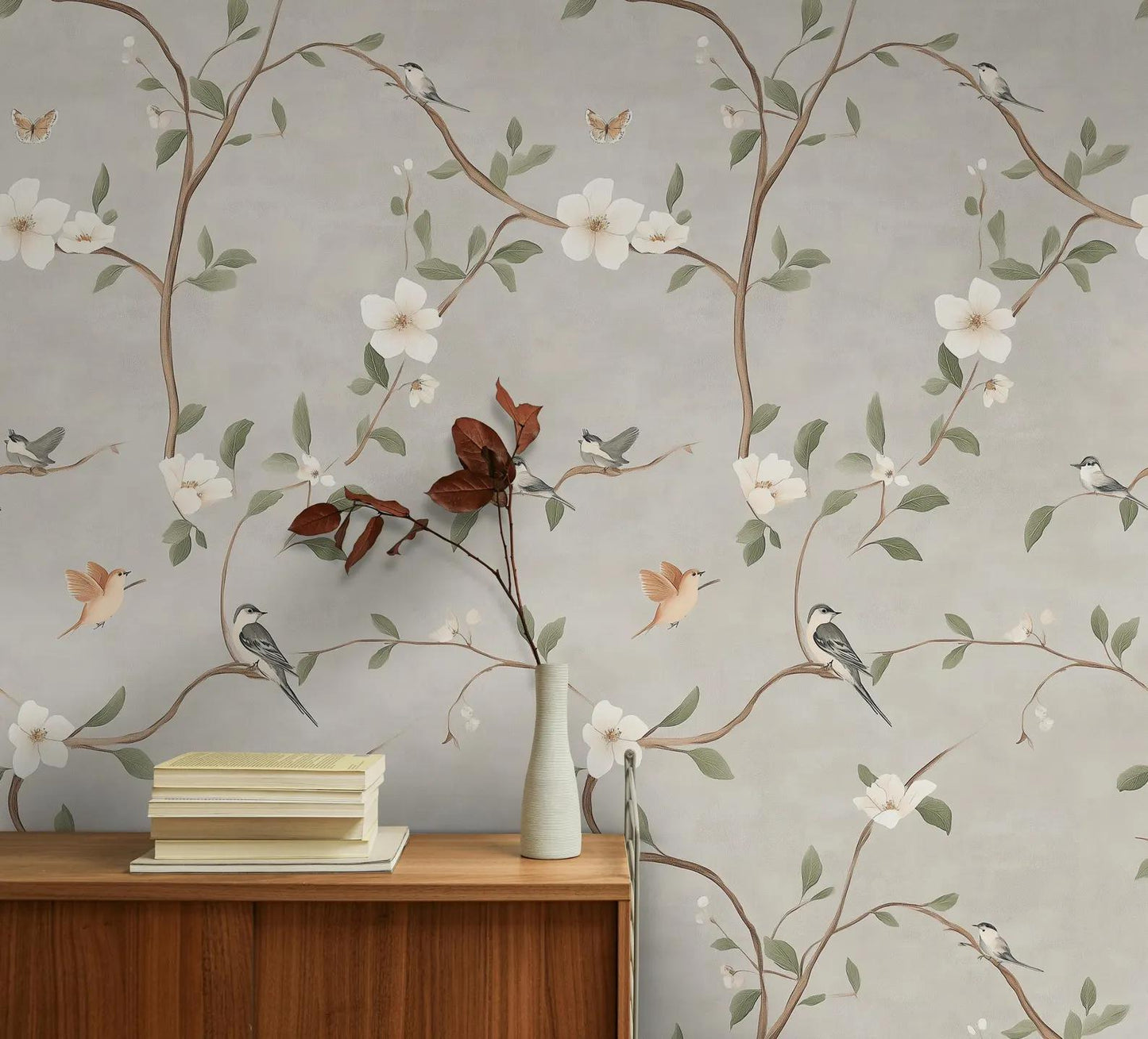 Birds and Flowers on Beige Background Wallpaper, Vintage Floral Pattern Wallpaper, Romantic Drawing Mural, Elegant Chinoiserie Wallpaper