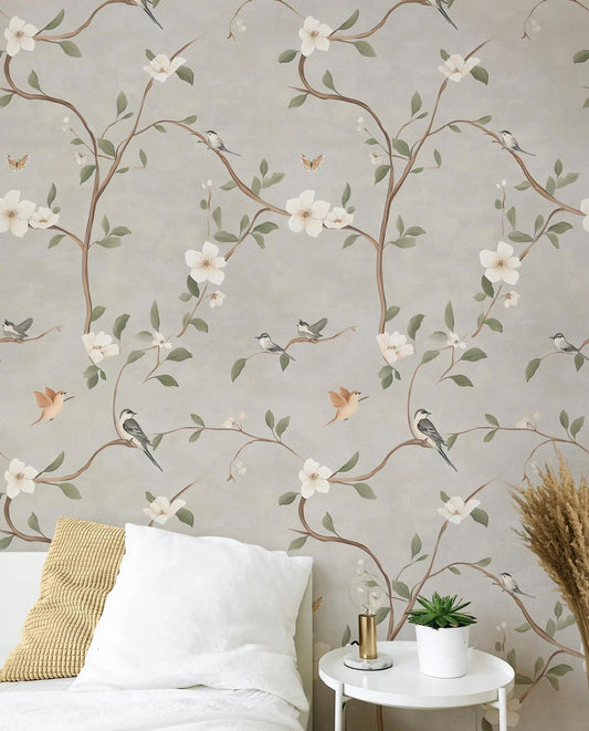 Birds and Flowers on Beige Background Wallpaper, Vintage Floral Pattern Wallpaper, Romantic Drawing Mural, Elegant Chinoiserie Wallpaper