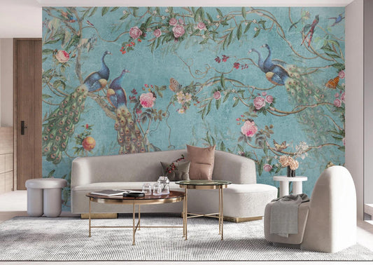 Peacocks in Rose Garden Wallpaper with Turquoise Background, Vintage Floral Pattern Wallpaper, Romantic Mural, Elegant Chinoiserie Wallpaper