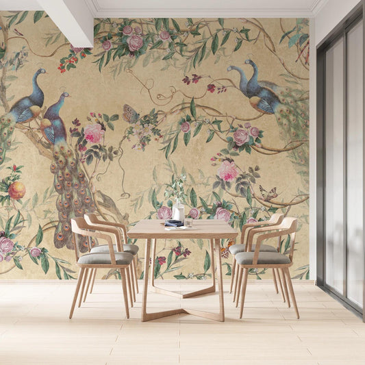 Peacocks in Rose Garden Wallpaper with Yellow Beige Background, Vintage Floral Wallpaper, Romantic Mural, Elegant Chinoiserie Wallpaper