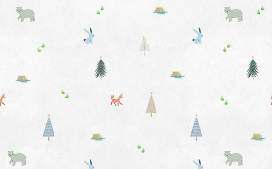 3D Wallpaper with Animals and Trees Pattern on a White Background, illustration Wallpaper Nursery, Fun Watercolor Wallpaper for Kids