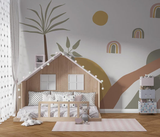 Palm Tree Rainbow Kids Wallpaper in Boho Colors, Illustration Wallpaper Nursery, Colourful Kid Art Wallpaper,Creative Watercolor Child Mural