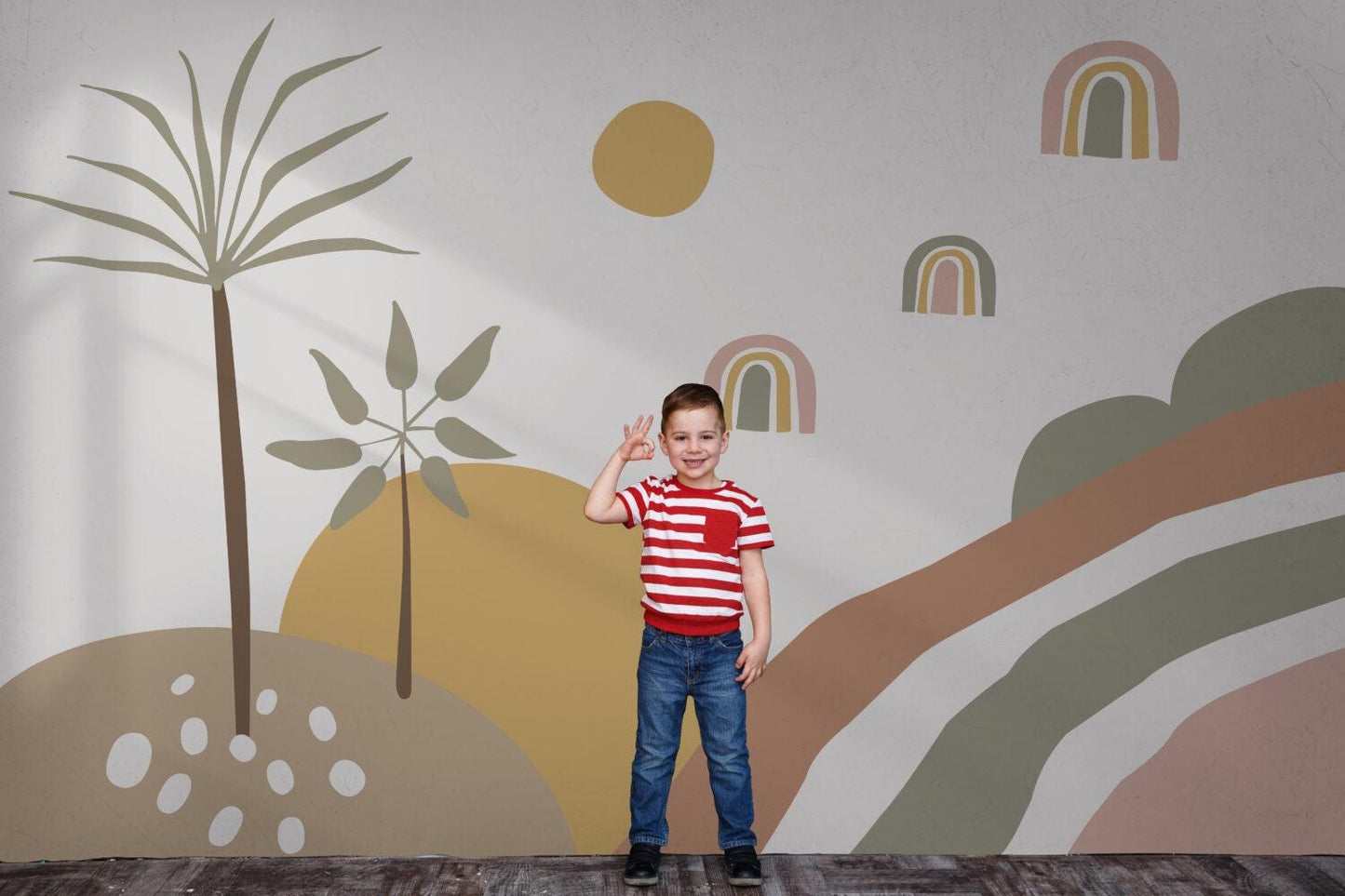 Palm Tree Rainbow Kids Wallpaper in Boho Colors, Illustration Wallpaper Nursery, Colourful Kid Art Wallpaper,Creative Watercolor Child Mural
