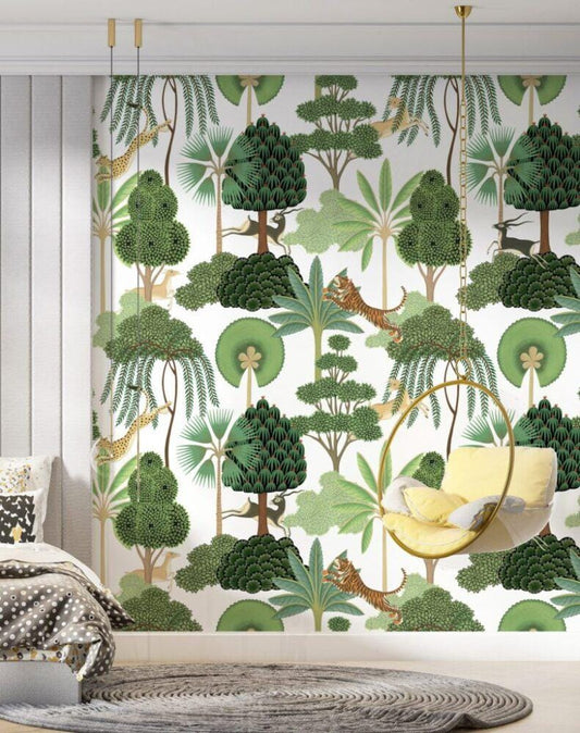 Green Tree Patterned 3D Kids Wallpaper, Deer Tiger Cheetah Children and Baby Wallpaper, Tropical Forest Wallpaper Nursery, Jungle Wallpaper