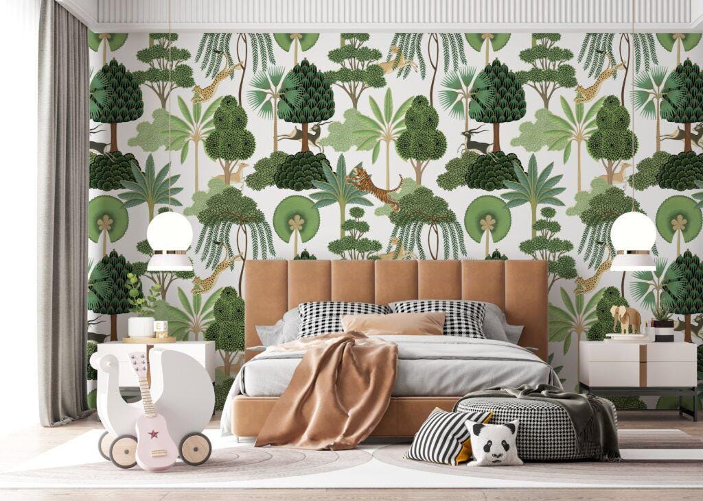 Green Tree Patterned 3D Kids Wallpaper, Deer Tiger Cheetah Children and Baby Wallpaper, Tropical Forest Wallpaper Nursery, Jungle Wallpaper