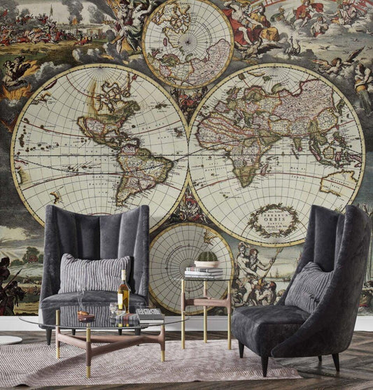 3D Wallpaper with Map of Civilization History Artifacts, Historical Themed Map Wallpaper, Ancient Bohemian Wallpaper, Drawwing Wallpaper