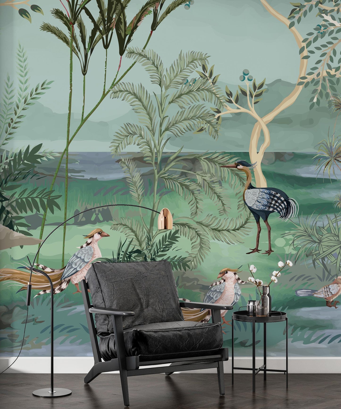 Pelican and Crane Birds Wallpaper with Lake View in Green Blue Tones Wallpaper, Bohemian Wallpaper, Vintage Nature Mural, Tropical Wallpaper