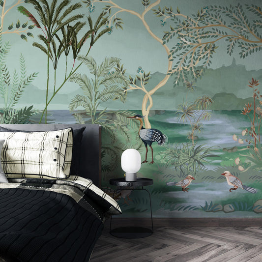 Pelican and Crane Birds Wallpaper with Lake View in Green Blue Tones Wallpaper, Bohemian Wallpaper, Vintage Nature Mural, Tropical Wallpaper