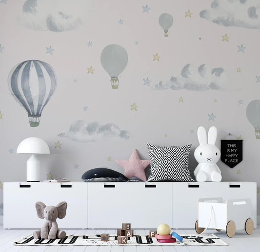 Blue Balloons in The Sky Kids Wallpaper, Sky Child Wallpaper, Cute Wallpaper Nursery, Blue Baby Boy Wallpaper, Clouds and Stars Wall Poster