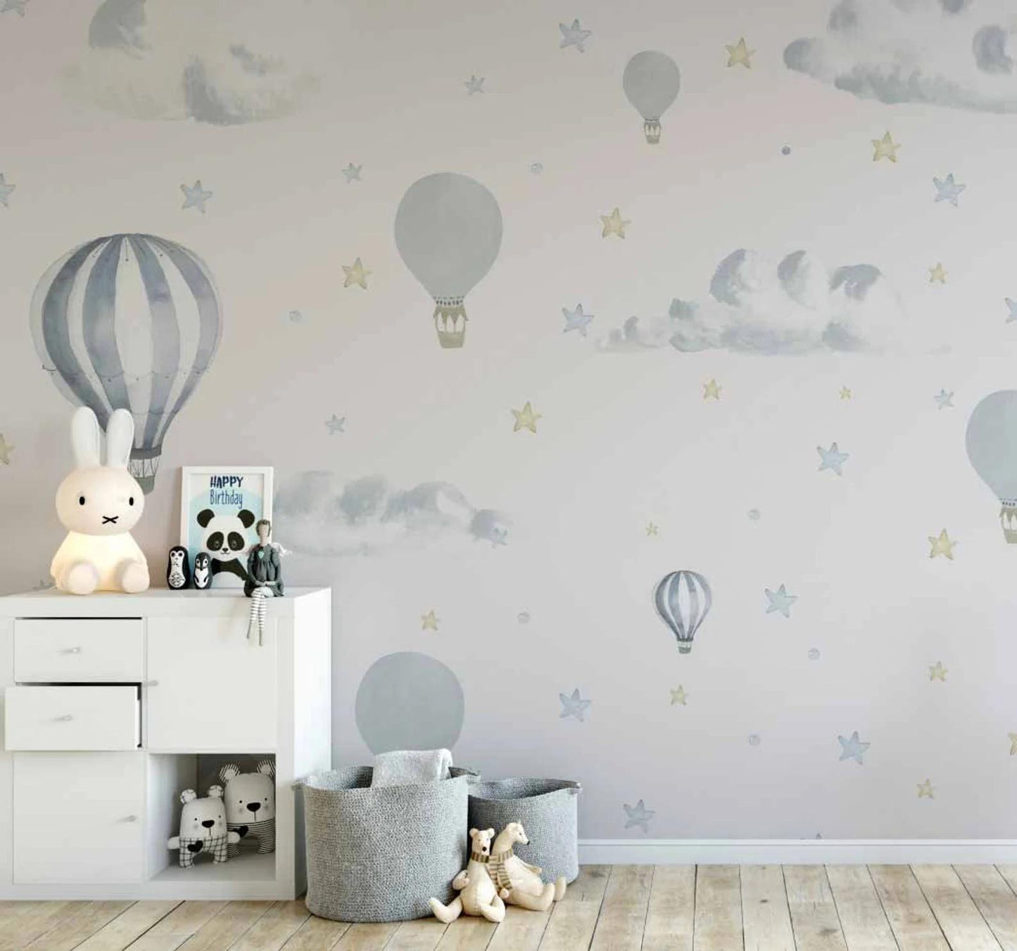 Blue Balloons in The Sky Kids Wallpaper, Sky Child Wallpaper, Cute Wallpaper Nursery, Blue Baby Boy Wallpaper, Clouds and Stars Wall Poster