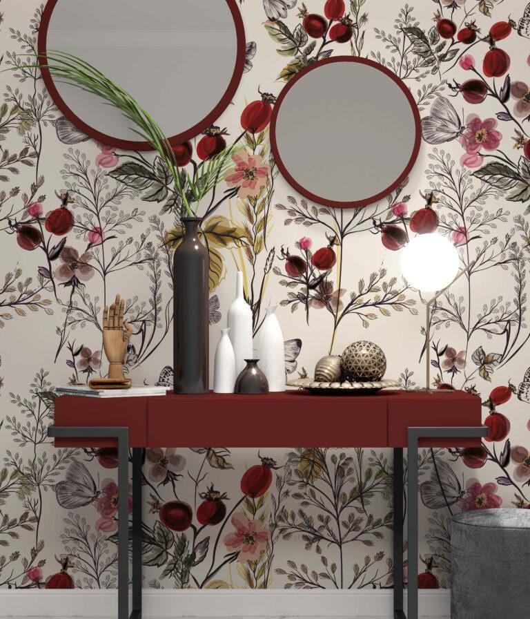 Elegant Modern Wallpaper with Vintage Style Floral Pattern, Bohemian Wallpaper, Claret Wallpaper, Berries and Butterflies Wallpaper