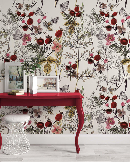 Elegant Modern Wallpaper with Vintage Style Floral Pattern, Bohemian Wallpaper, Claret Wallpaper, Berries and Butterflies Wallpaper