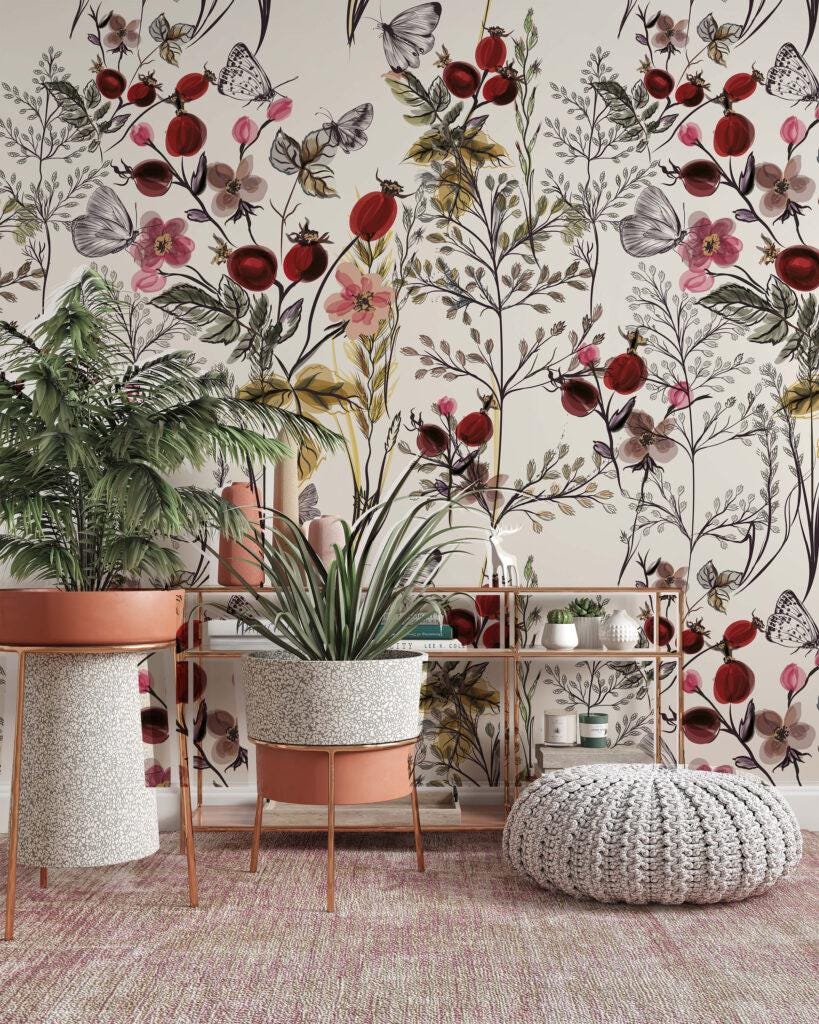 Elegant Modern Wallpaper with Vintage Style Floral Pattern, Bohemian Wallpaper, Claret Wallpaper, Berries and Butterflies Wallpaper
