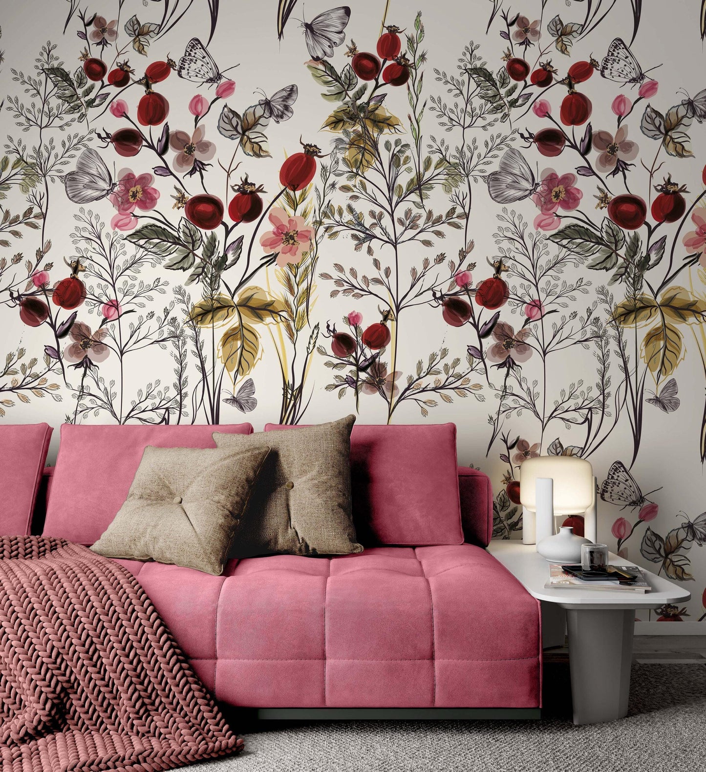 Elegant Modern Wallpaper with Vintage Style Floral Pattern, Bohemian Wallpaper, Claret Wallpaper, Berries and Butterflies Wallpaper