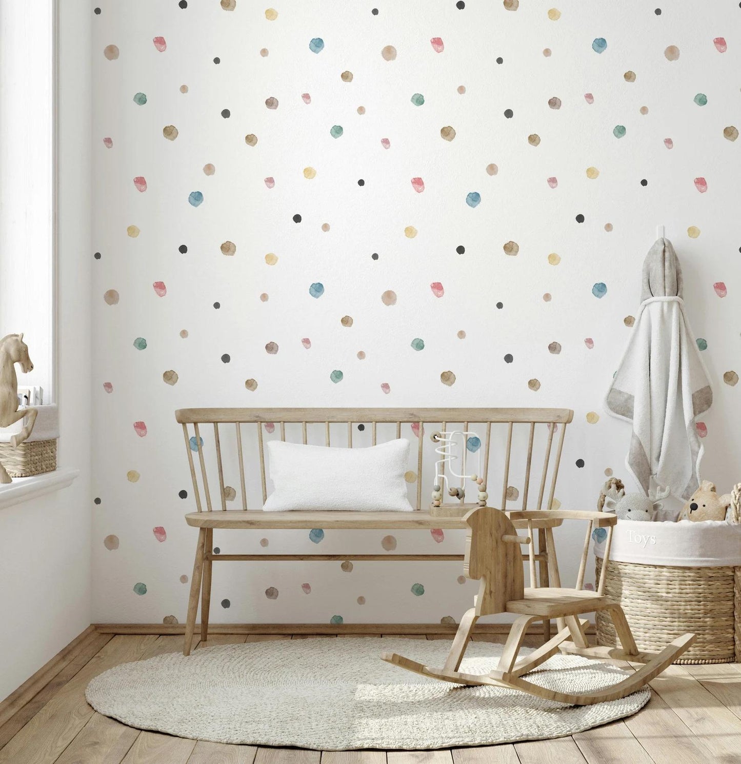 Colorful Polka Dot Pattern on a White Background Kids Wallpaper, Child Wallpaper, Bright Wallpaper Nursery, Funny Baby Room Wallpaper