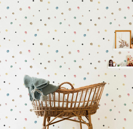 Colorful Polka Dot Pattern on a White Background Kids Wallpaper, Child Wallpaper, Bright Wallpaper Nursery, Funny Baby Room Wallpaper