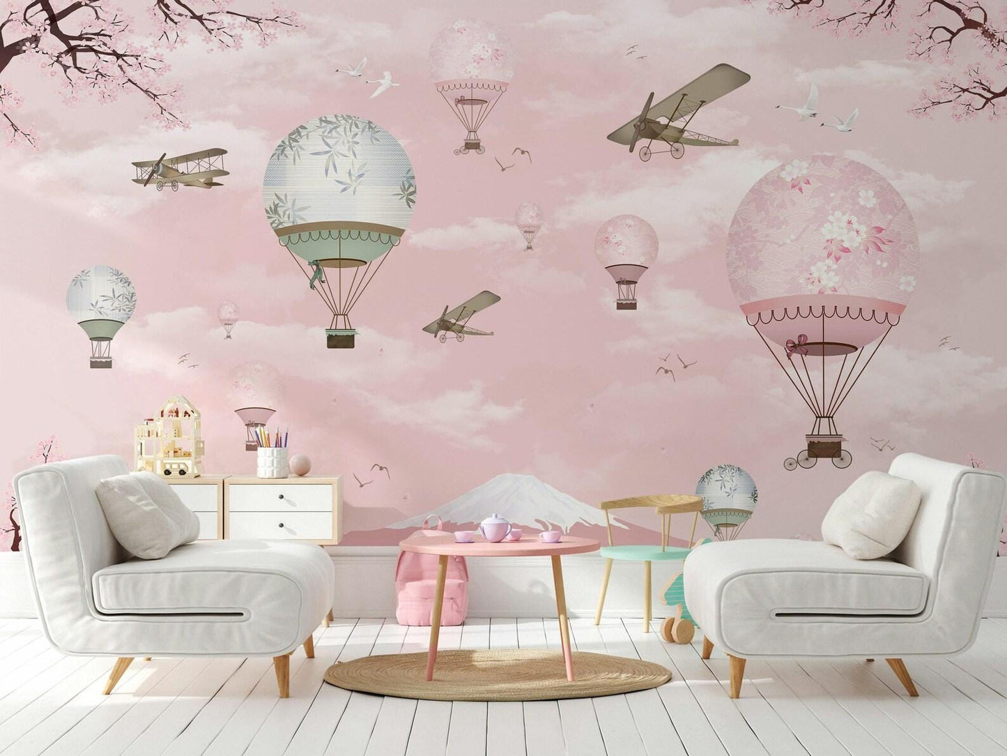 Balloons in Pink Sky Kids Wallpaper, Sky Child Wallpaper, Cute Wallpaper Nursery, Pink Baby Boy Wallpaper, Pink Baby Girl Wall Poster