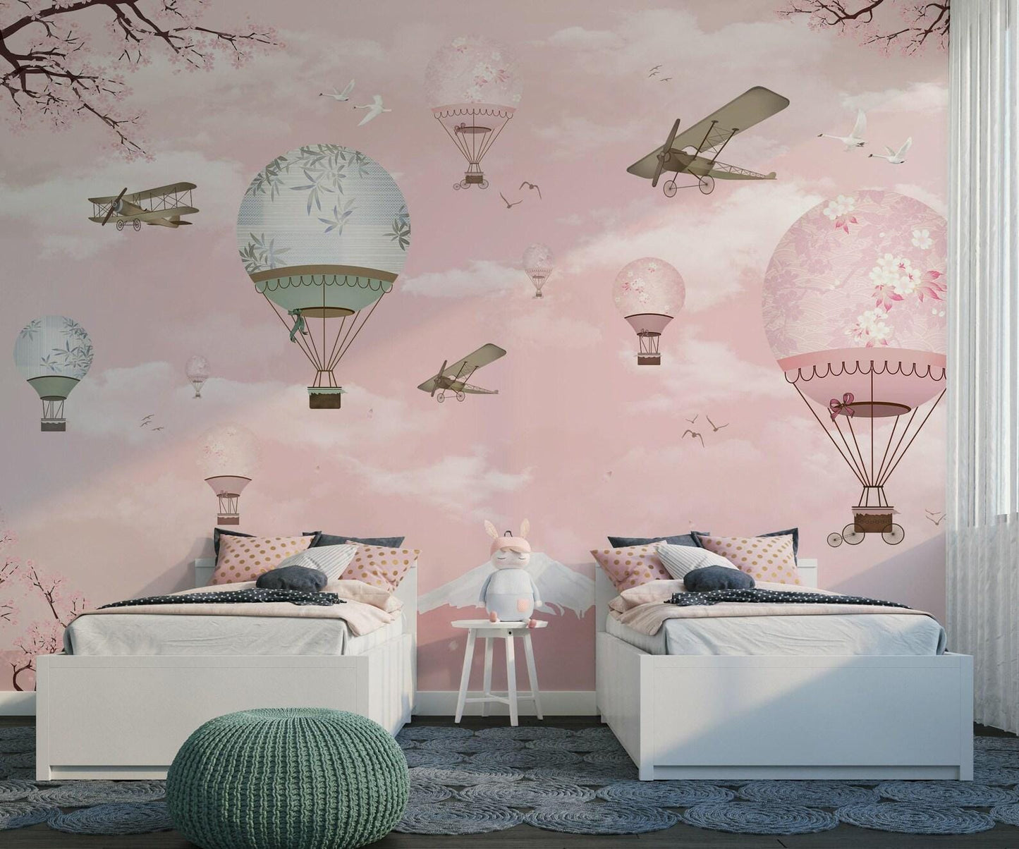 Balloons in Pink Sky Kids Wallpaper, Sky Child Wallpaper, Cute Wallpaper Nursery, Pink Baby Boy Wallpaper, Pink Baby Girl Wall Poster