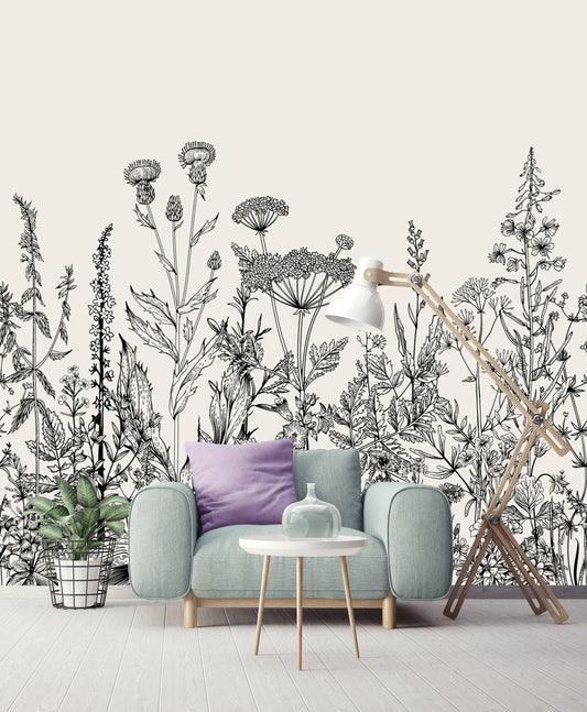 Sketch Flowers Plants Wallpaper, Floral Wallpaper, Romantic Wallpaper, Black-White Mural, Illustration Wallpaper, Drawing Wallpaper
