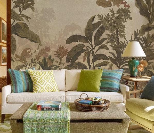 Tropical Exotic Forest Dark Plants Floral Wallpaper, Bohemian Wallpaper, Leaf Mural, Botanical Peel and Stick Wallpaper, Stylish Room Design