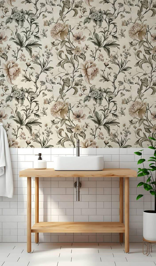 Elegant Spring Touch Wallpaper, Spring Flowers Wallpaper, Vintage Floral Wallpaper, Romantic Mural, Bloom Drawing Wallpaper, Beige Wallpaper