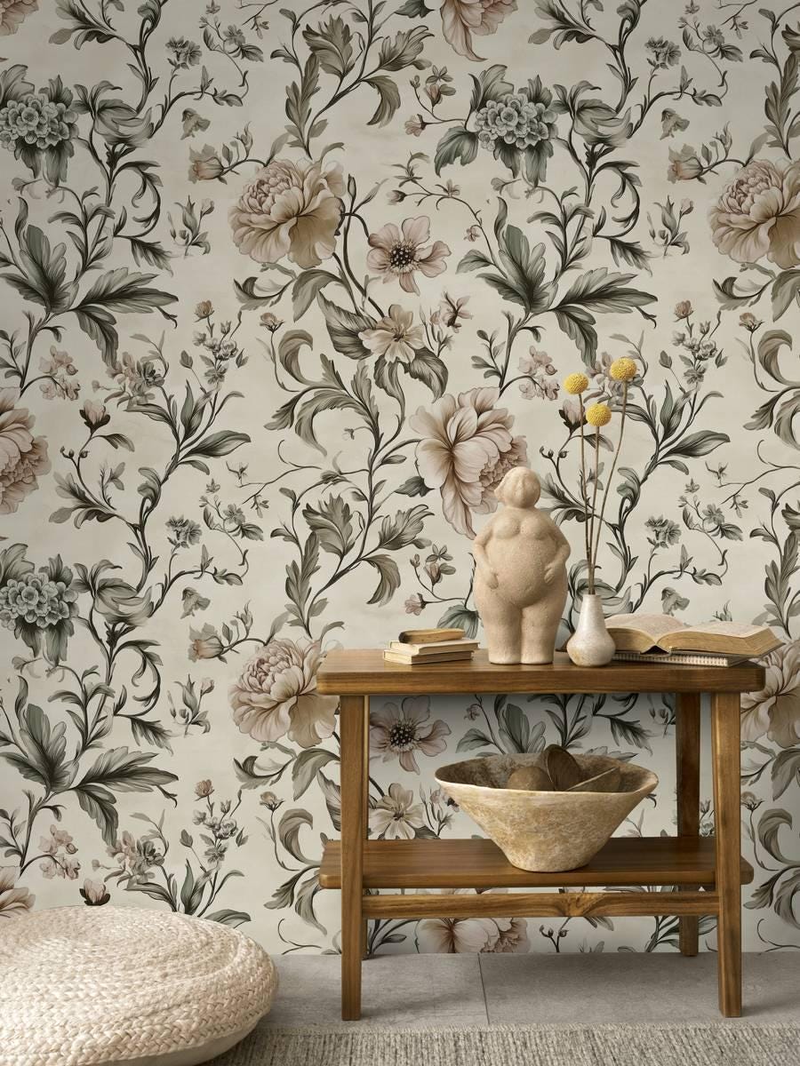 Elegant Spring Touch Wallpaper, Spring Flowers Wallpaper, Vintage Floral Wallpaper, Romantic Mural, Bloom Drawing Wallpaper, Beige Wallpaper