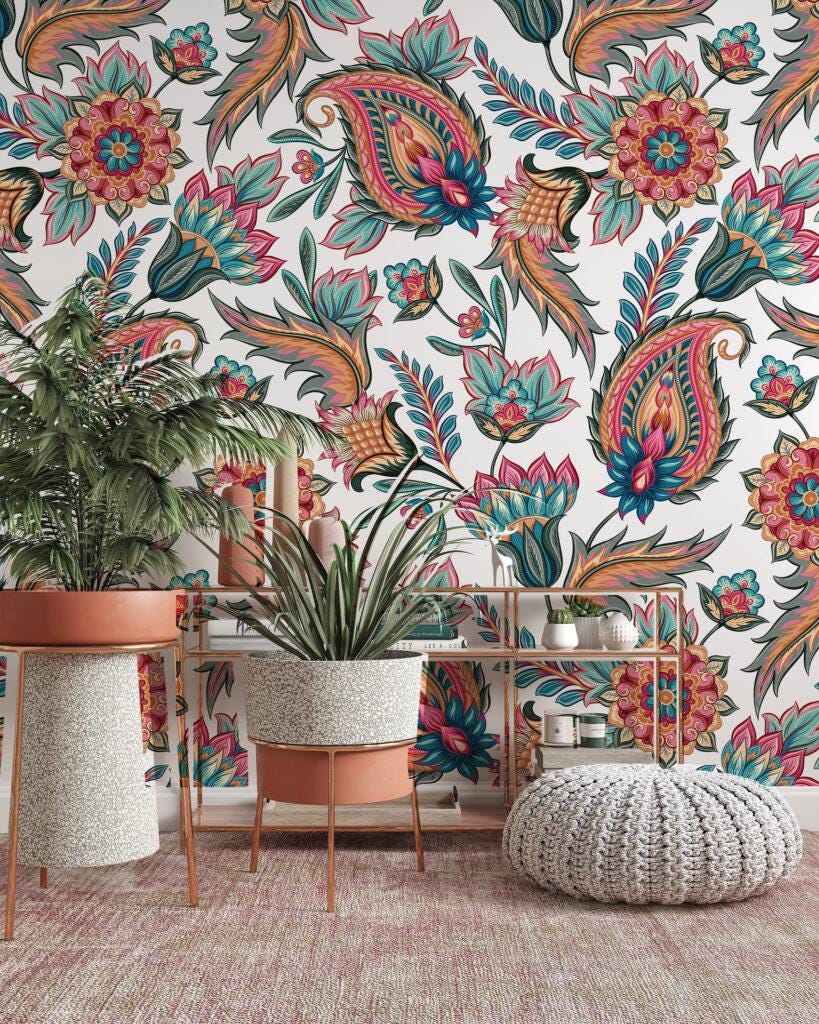 Traditional Oriental Paisley Pattern Vintage Modern Luxury Wallpaper, Spring Flowers Wallpaper, Floral Wallpaper, Romantic Drawing Mural