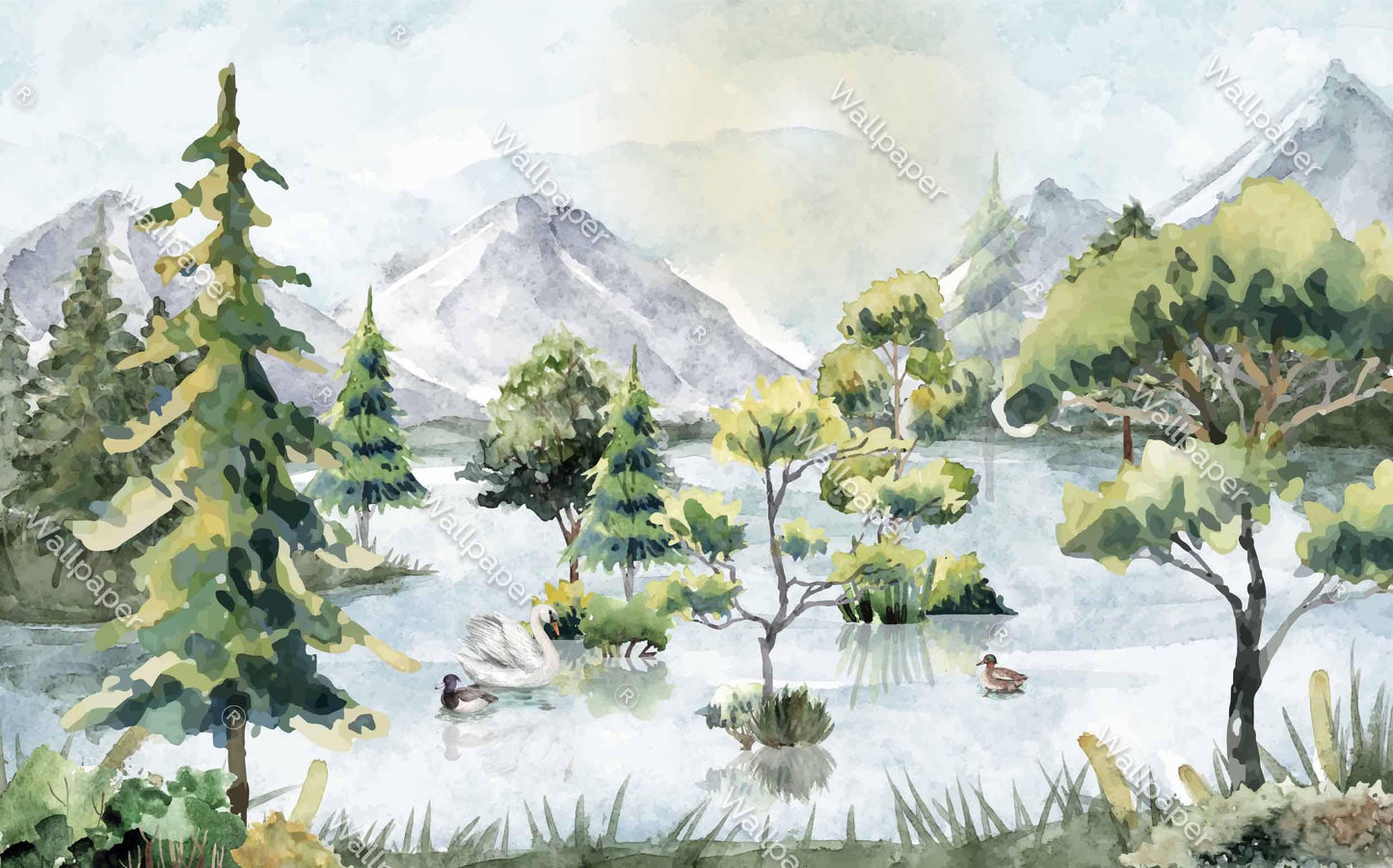 Trees By The Lake Wallpaper, Tual Wallpaper, Nature Mural, Painting Wallpaper, Peel and Stick Wallpaper, Watercolor Green and Blue Wallpaper