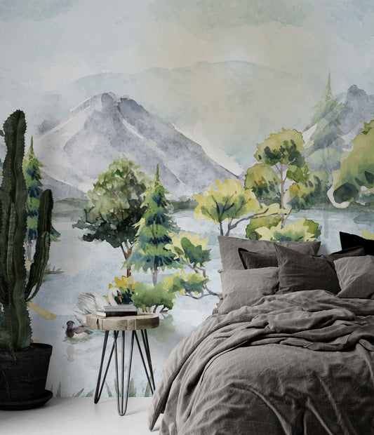 Trees By The Lake Wallpaper, Tual Wallpaper, Nature Mural, Painting Wallpaper, Peel and Stick Wallpaper, Watercolor Green and Blue Wallpaper