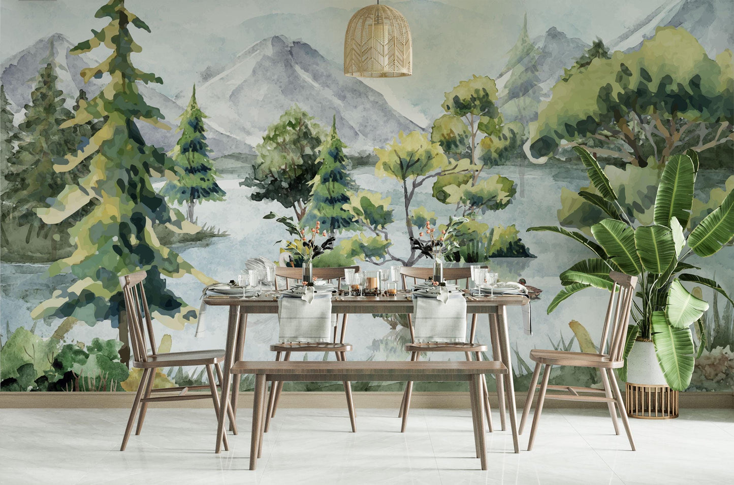 Trees By The Lake Wallpaper, Tual Wallpaper, Nature Mural, Painting Wallpaper, Peel and Stick Wallpaper, Watercolor Green and Blue Wallpaper