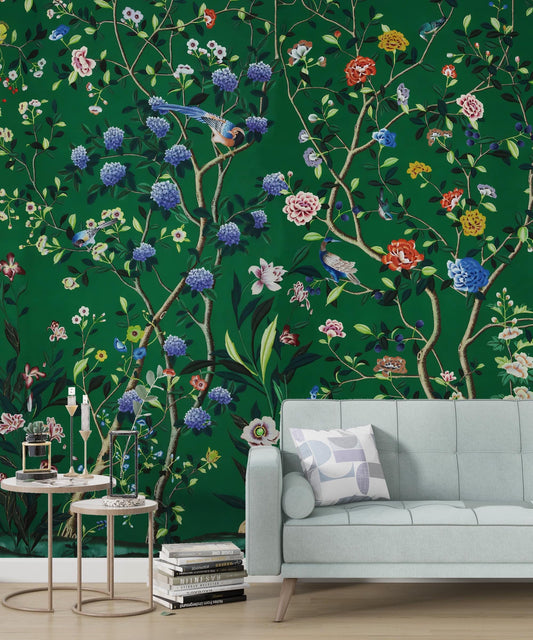 Roses and Colorful Birds on a Green Background Wallpaper, Spring Flowers Wallpaper, Floral Wallpaper, Romantic Mural, Vintage Wallpaper