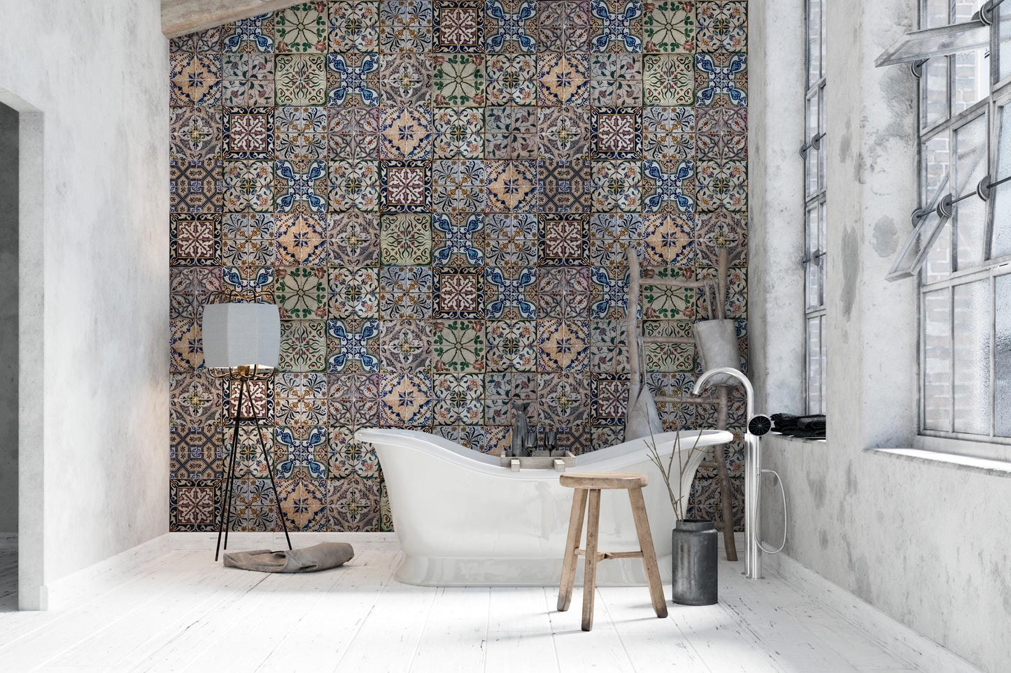 Turkish Bath Patterned Bathroom Wallpaper, Vintage Tile Look Wallpaper, Ceramic Look Mixed Pattern Wallpaper, Peel and Stick Wallpaper