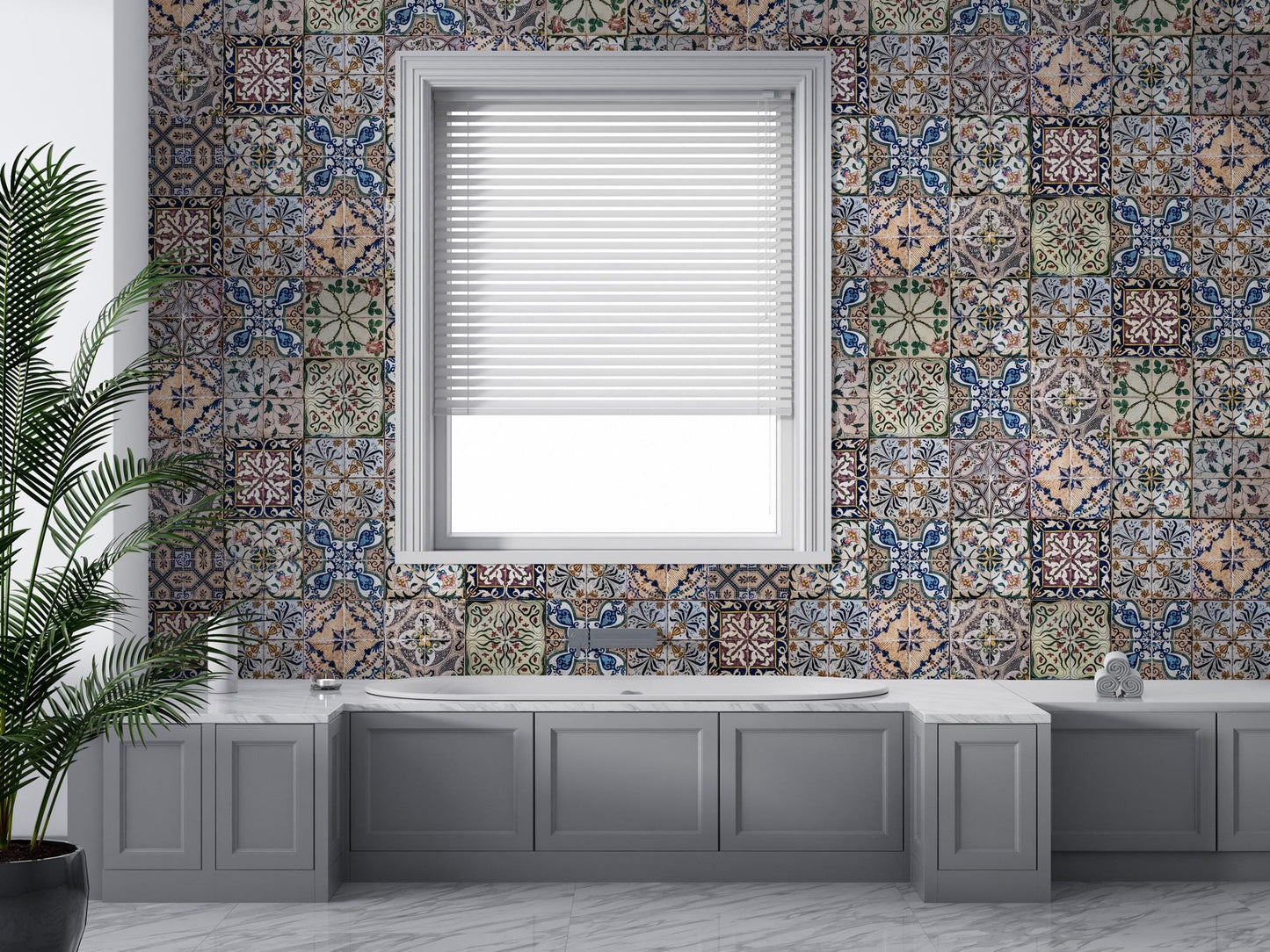 Turkish Bath Patterned Bathroom Wallpaper, Vintage Tile Look Wallpaper, Ceramic Look Mixed Pattern Wallpaper, Peel and Stick Wallpaper