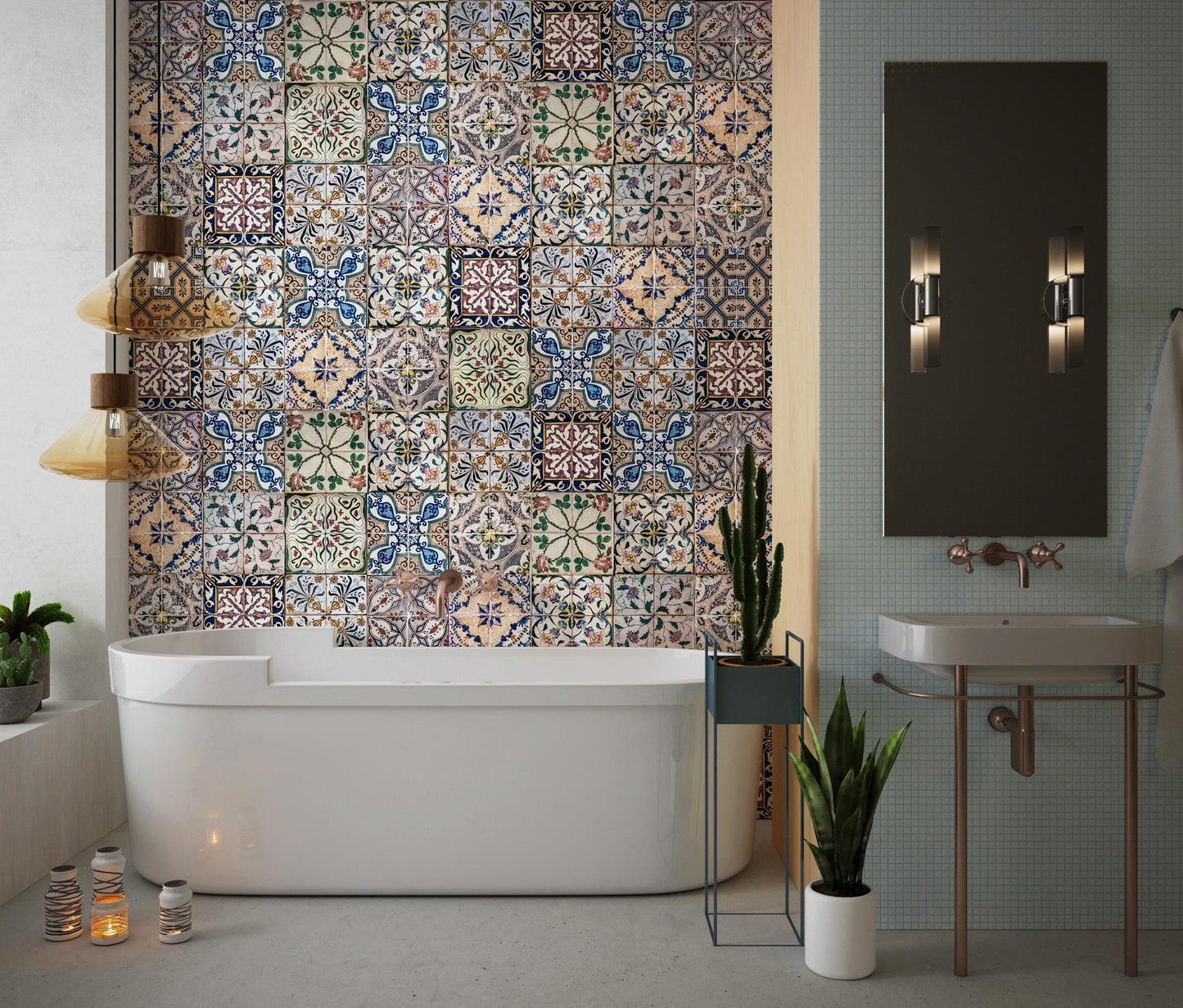 Turkish Bath Patterned Bathroom Wallpaper, Vintage Tile Look Wallpaper, Ceramic Look Mixed Pattern Wallpaper, Peel and Stick Wallpaper