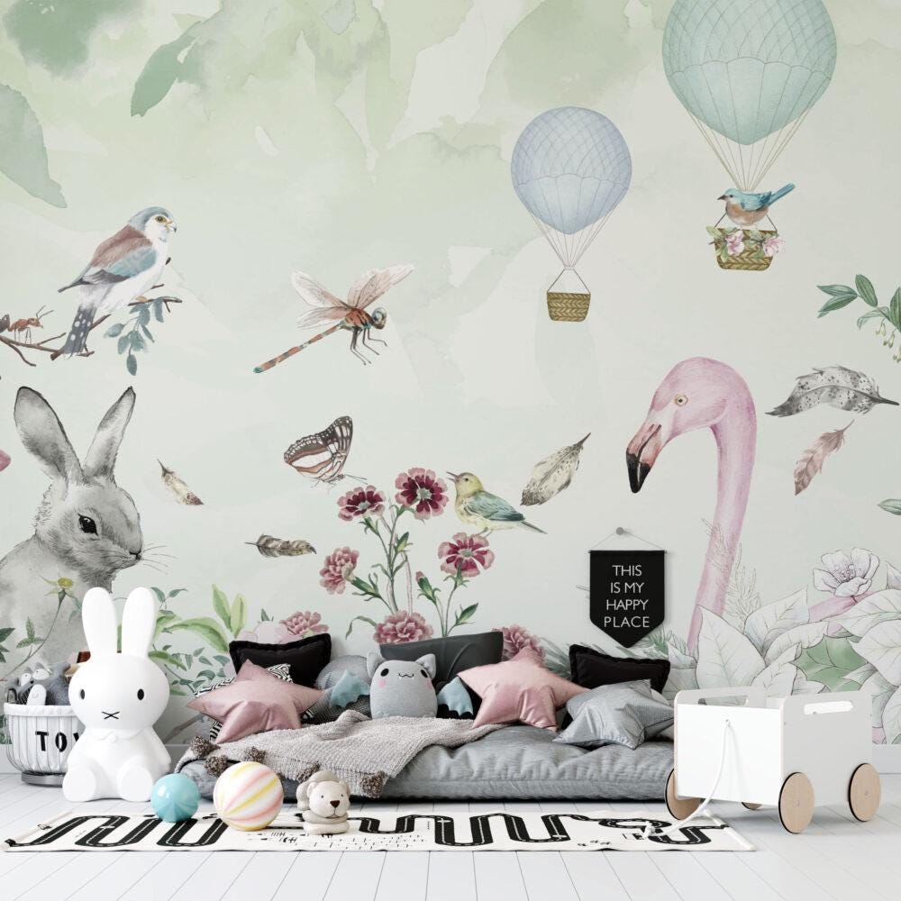 Rabbit, Bird and Flamingo Kids Wallpaper, Cute Animals Wallpaper Nursery, Child Wallpaper, Peel and Stick Wallpaper, Baby Girl Wallpaper